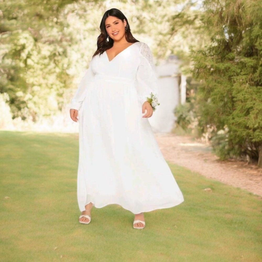 WHITE WEDDING DRESS PLUS SZ 3XL LACE PANEL TIE BKLESS FITS SZ 18 BEST SHEIN NWT